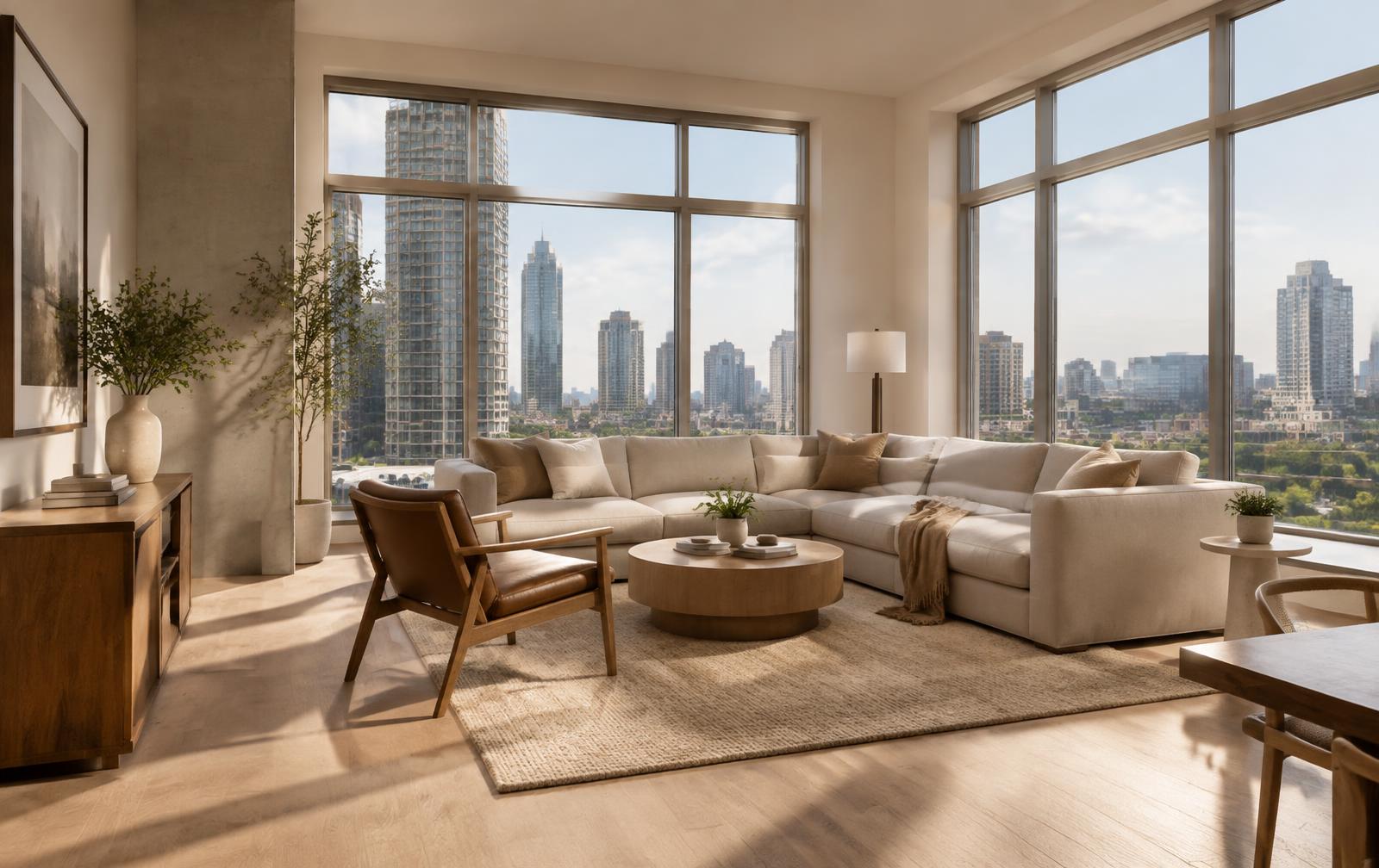 A bright, modern apartment living room with floor-to-ceiling windows